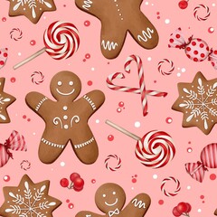Seamless Christmas pattern with traditional gingerbread cookies and peppermint candy canes and lollypops. Hand drawn watercolor style pattern. Perfect for wrapping paper, festive kitchen decor.