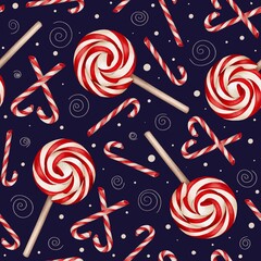 Seamless Christmas pattern with traditional peppermint candy cane and lollypops. Festive hand drawn watercolor pattern on dark background.