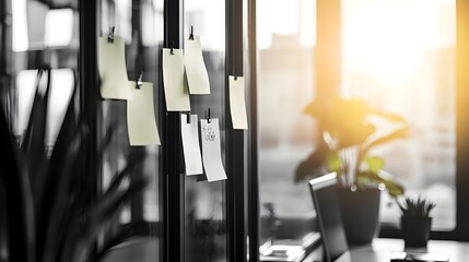 Vibrant Sticky Notes Adorning Glass Wall Capture the Essence of a Collaborative Office Brainstorming Session Showcasing the Creative Process in a Cybernetic Tone