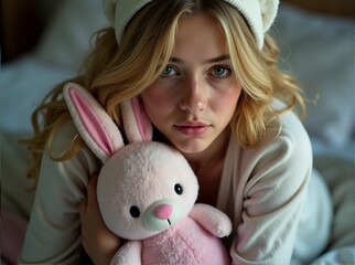 Young Woman in Cozy Pajamas Holding Bunny Plush