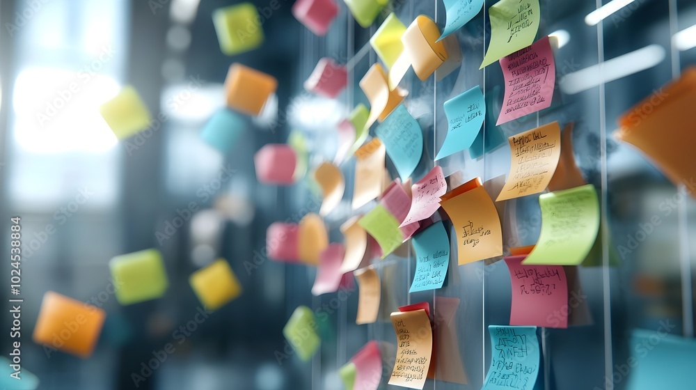 Poster top view of a creative brainstorming session in a modern futuristic office setting with a glass wall