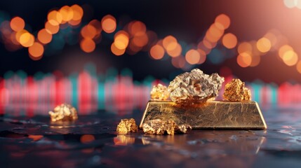 Shiny Gold Nugget on Bar with Bokeh Background