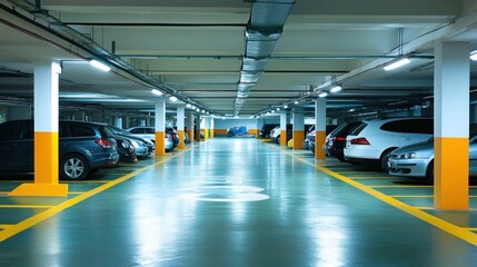 A well-organized, modern indoor car park at a shopping mall, devoid of cars, with clear spaces and bright lighting.