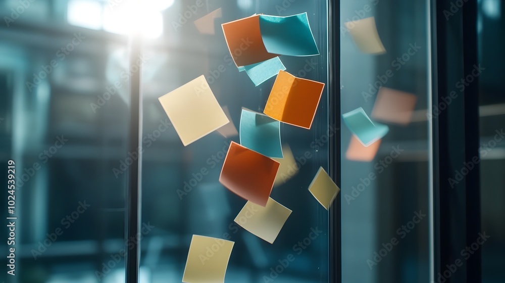 Poster colorful sticky notes arranged in a futuristic tetradic color scheme on a glass wall during a collab