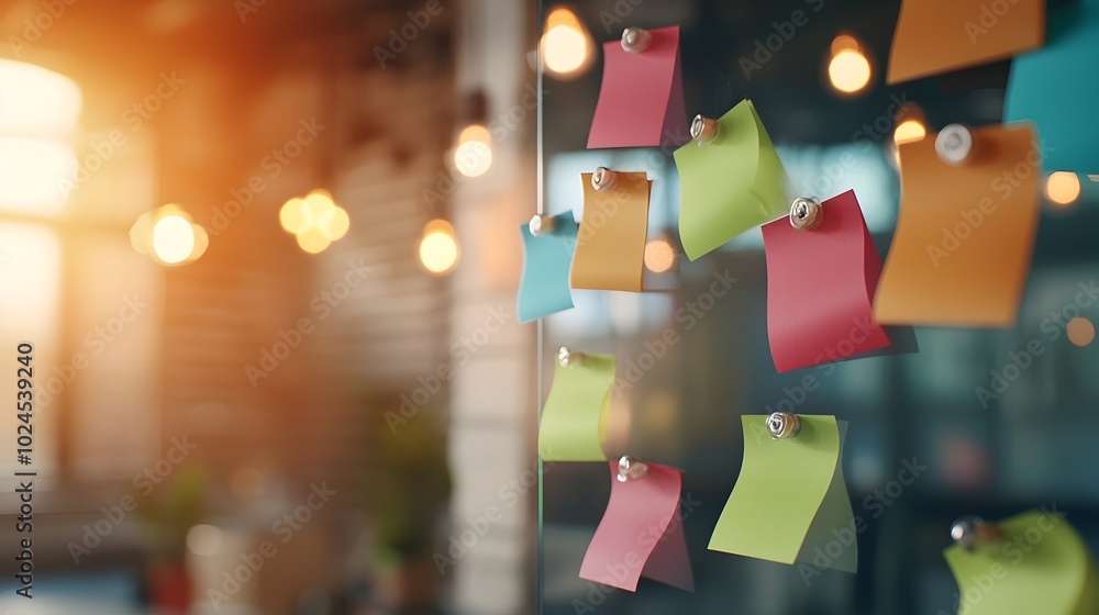 Poster vibrant colorful sticky notes affixed to glass wall during a creative brainstorming session in a mod