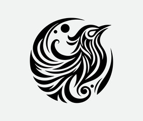 Tribal black and white bird logo, circular design