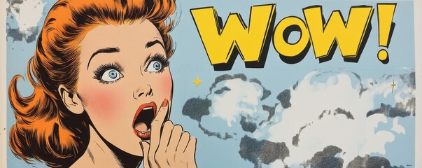 Comic book style illustration featuring a surprised woman with vibrant red hair and bright blue eyes, expressing shock with an exclamation of "Wow" in bold letters.