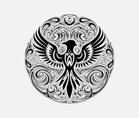 Ornate phoenix emblem black and white illustration