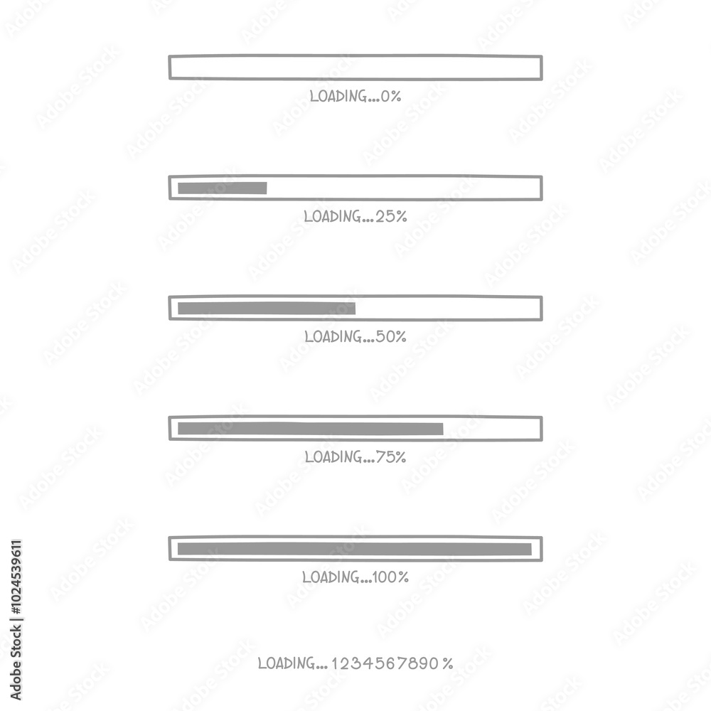 Poster collection set of cute doodle hand draw loading process progress counter bar computer battery, banne