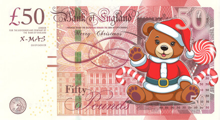 Illustration. Banknote of 50 pounds of England. Sitting cute cartoon Teddy bear in Santa Claus costume, waving his paw. Candies and sweets. Merry Christmas. Holiday money of UK. Fifty.
