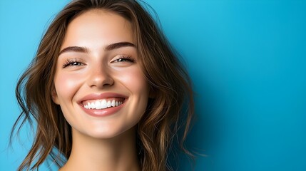 Naklejka premium Radiant and Confident Caucasian Woman with a Joyful Optimistic Expression on a Deep Blue Vibrant Digital Art Background Showcasing a Sci Fi Tetradic Color Scheme