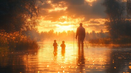Fototapeta premium A father and son stand in a river at sunset, their silhouettes visible against the golden sky.