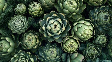 Fototapeta premium A collection of fresh artichokes, both whole and halved, beautifully arranged to showcase their unique textures and colors.