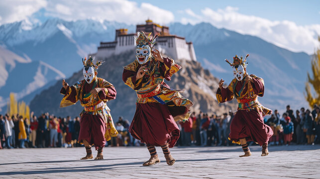 morning at Thiksey Gustor Festival, monks dancing in slow motion to the strains of traditional music, background of monastery standing on top of hill, Ai generated images