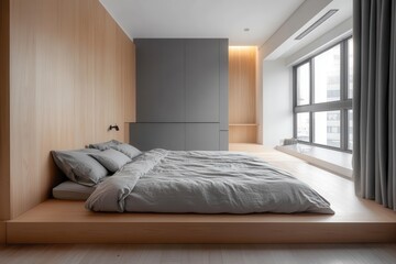 This minimalist bedroom showcases a bed with soft grey linens, set against a wooden accent wall