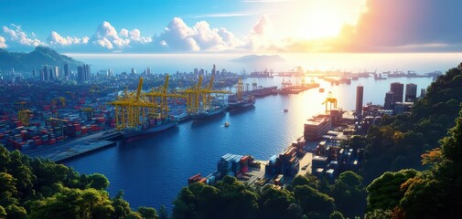 Naklejka premium Aerial view of a busy harbor with ships and cranes at sunrise.