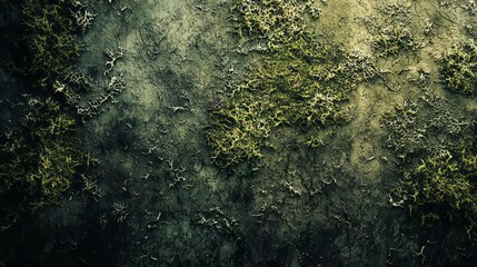Close-up of intricate green moss and lichen patterns on a textured, weathered surface. The organic forms create an abstract, natural backdrop. AI generative.