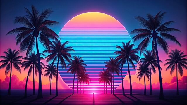 Medium shot of synthwave retro blue and pink palms with sunset background wallpaper