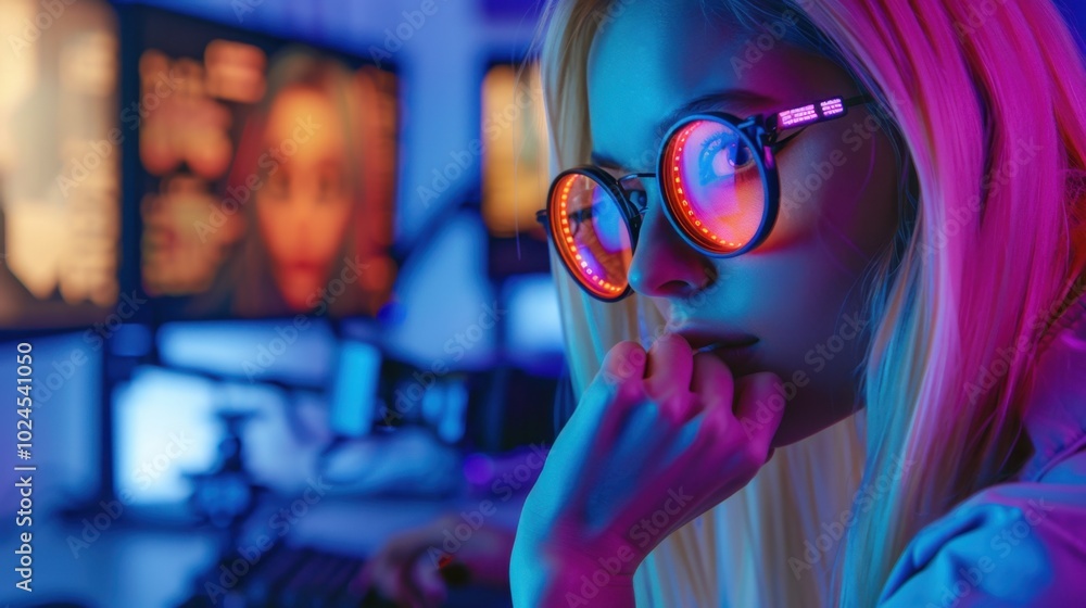 Poster stylish female coder with neon glasses in tech setup