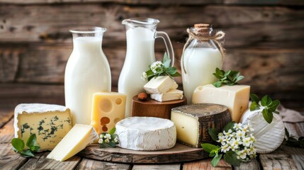 Assorted Dairy Products on Wooden Table