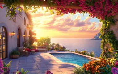 Side view of a Mediterranean villa terrace with a cozy seating area and a beautiful pool, framed by vibrant plants and flowers. 