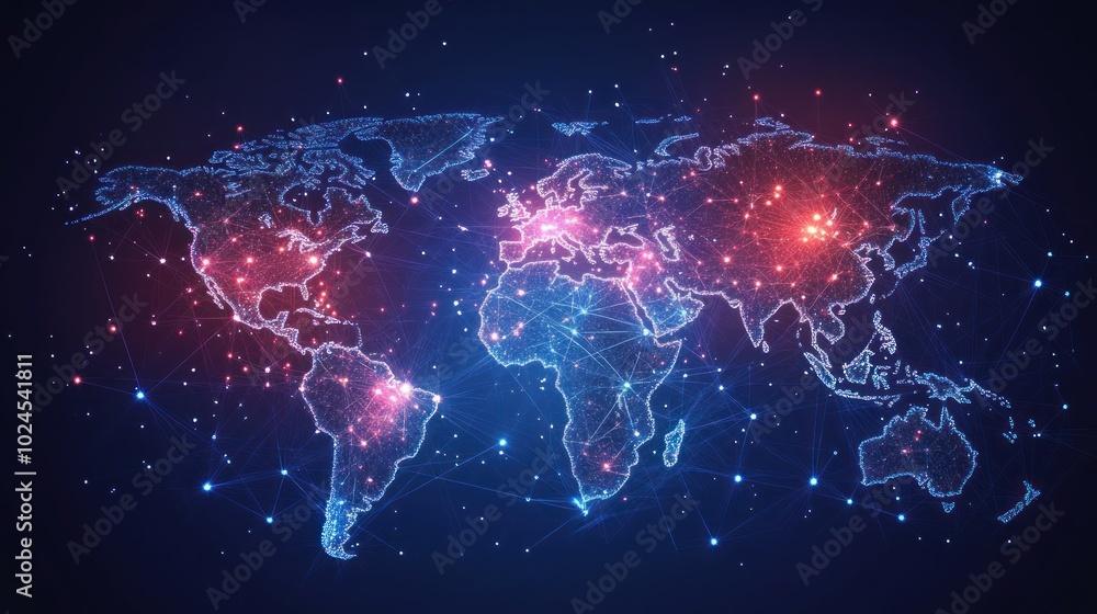 Poster a digital world map with interconnected nodes and glowing points representing data flow.