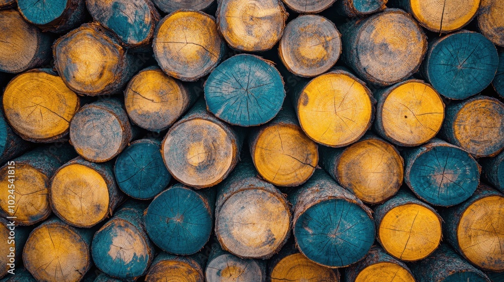 Poster a large pile of log trunks stacked neatly, showcasing the timber industry work with freshly cut pine