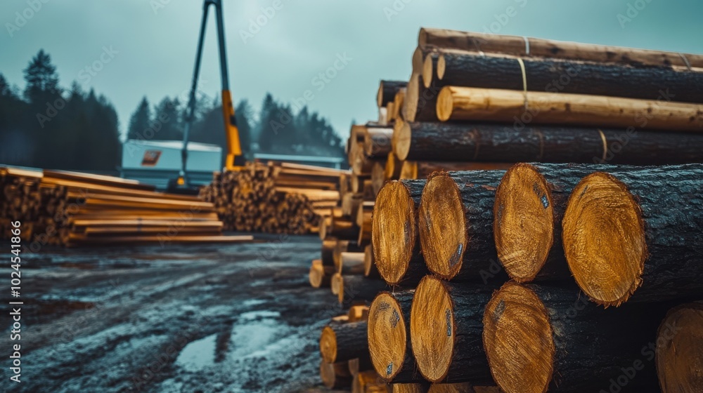 Poster a large pile of log trunks stacked neatly, showcasing the timber industry work with freshly cut pine