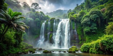 Fototapeta premium Medium shot of waterfall cascading over rainforest foliage with droplets in mid air under overcast sky
