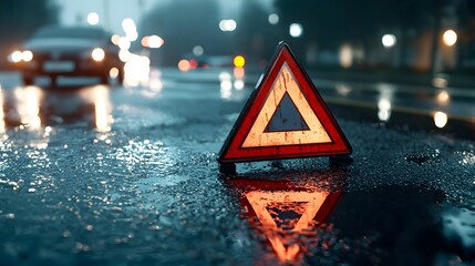 Glowing Red Emergency Triangle Standing on a Rainy Road at Night Reflecting on the Wet Surface with a Dramatic Sci Fi Tone and Tetradic Color Scheme