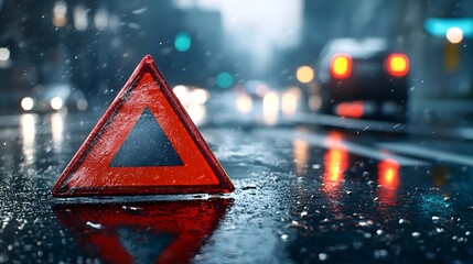 Rainy road at night with the reflective red glow of an emergency triangle highlighting the dangerous and alerting nature of wet driving conditions