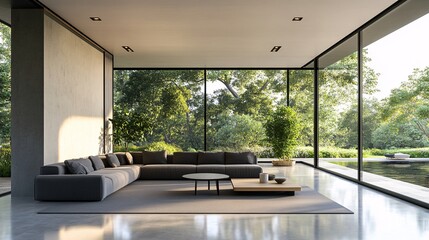 Modern living room with large windows showcasing greenery outside, featuring a comfortable sofa and a minimalist design aesthetic.