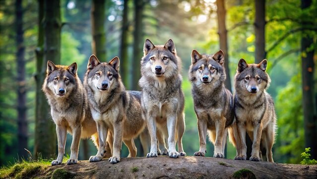 Medium shot of wolf pack in front of forest with highly detailed wolves and nature background wallpaper for widescreen and superwide