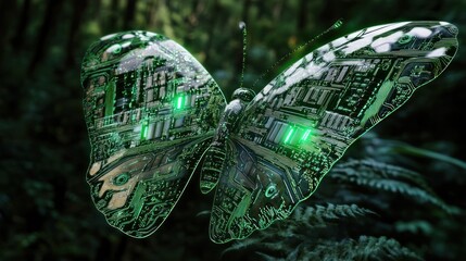 Futuristic butterfly with intricate circuits in the forest