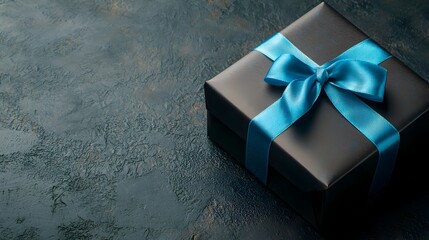 Elegant and sophisticated blue ribbon wrapped gift box resting on a dark textured background in a product photography setup  The image showcases a premium futuristic vibe with a triadic color scheme
