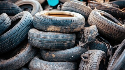 A pile of used car tires, showing age and wear, arranged in a messy stack outdoors.