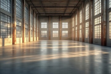 Fototapeta premium threedimensional rendering of a vast empty warehouse space showcasing stark lines and shadows emphasizing the industrial atmosphere and potential for creative use or transformation