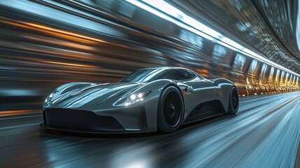 Obraz premium A sleek black sports car racing through a futuristic tunnel, capturing motion and speed with dynamic light reflections and sleek design elements.