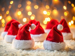 Bright white background with cheerful red Santa hats cutout, ideal for enhancing your holiday ambiance and celebrating the joyous spirit of the season.