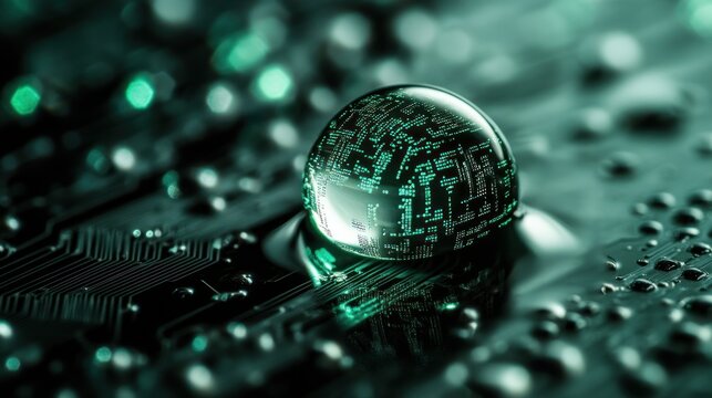 Technology droplet on a vibrant futuristic circuit board