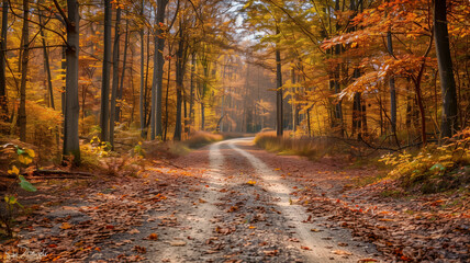 Dirt path through tranquil autumn forest with vibrant orange and yellow leaves