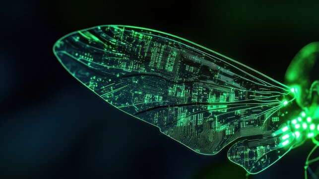 Cybernetic insect wing with intricate circuit patterns