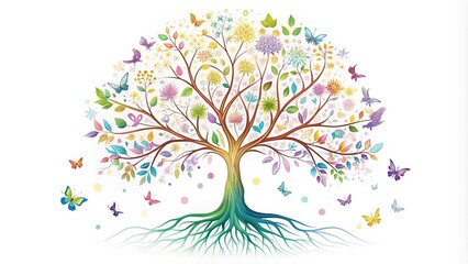 Naklejka premium Medium Shot Tree of Life with roots, doves, butterflies in pastel colors on white background