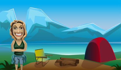 Fototapeta premium a woman standing in the lake and mountain on background. summer tent illustration