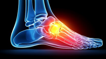 X-ray of ankle joint, pain region highlighted with vibrant yellow glow, realistic bone structure, clear contours and transparency, glowing yellow overlay effect on pain region,