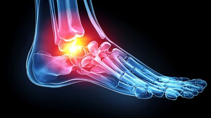 X-ray of ankle joint, pain region highlighted with vibrant yellow glow, realistic bone structure, clear contours and transparency, glowing yellow overlay effect on pain region,