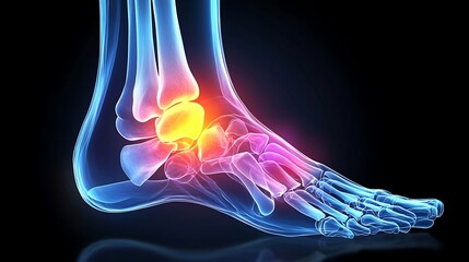 X-ray of ankle joint, pain region highlighted with vibrant yellow glow, realistic bone structure, clear contours and transparency, glowing yellow overlay effect on pain region,