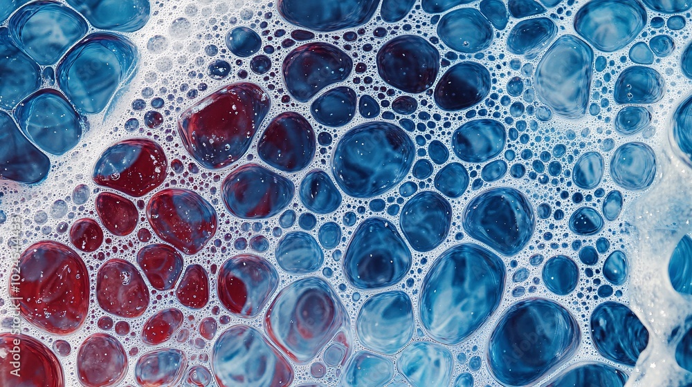 Poster abstract texture of blue and red bubbles on a white background, creating a striking visual effect pe