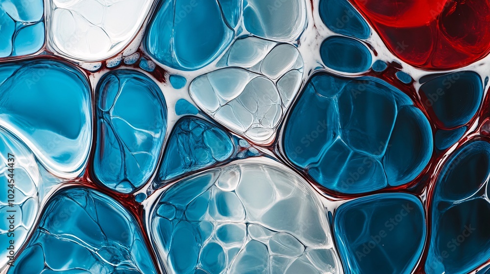 Poster abstract close-up of colorful blue, red, and white liquid bubbles creating a vibrant and textured pa