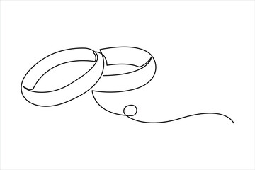 Continuous one line art drawing of pair of wedding rings in outline vector illustration